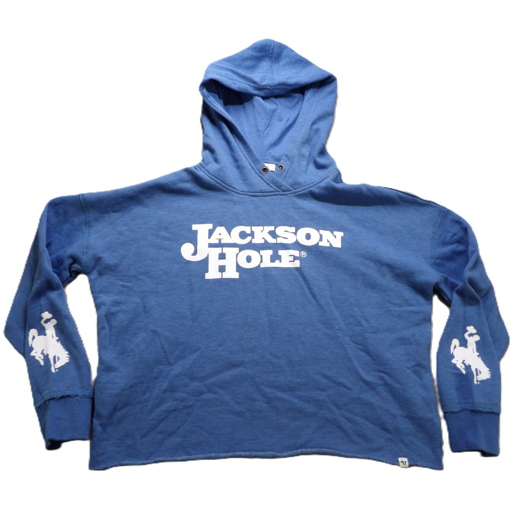 47 Brand Jackson Hole Hoodie Women Medium Blue Wyoming Ski Resort Pullover Logo